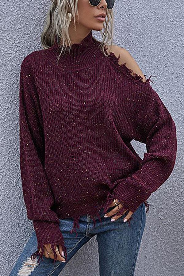 Veleaee Loose Off-shoulder Ripped Long-sleeved High-neck Knitted Sweater