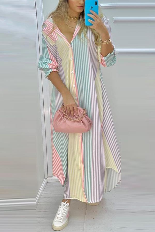 Veleaee Colorful Stripe Button Down Long Shirt Dress