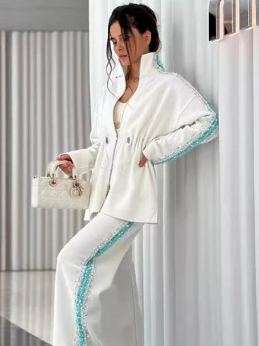 Veleaee Elegant Sequin-Trimmed Top and Wide-Leg Pants 2-Piece Set