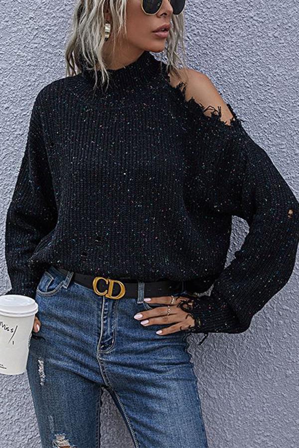 Veleaee Loose Off-shoulder Ripped Long-sleeved High-neck Knitted Sweater