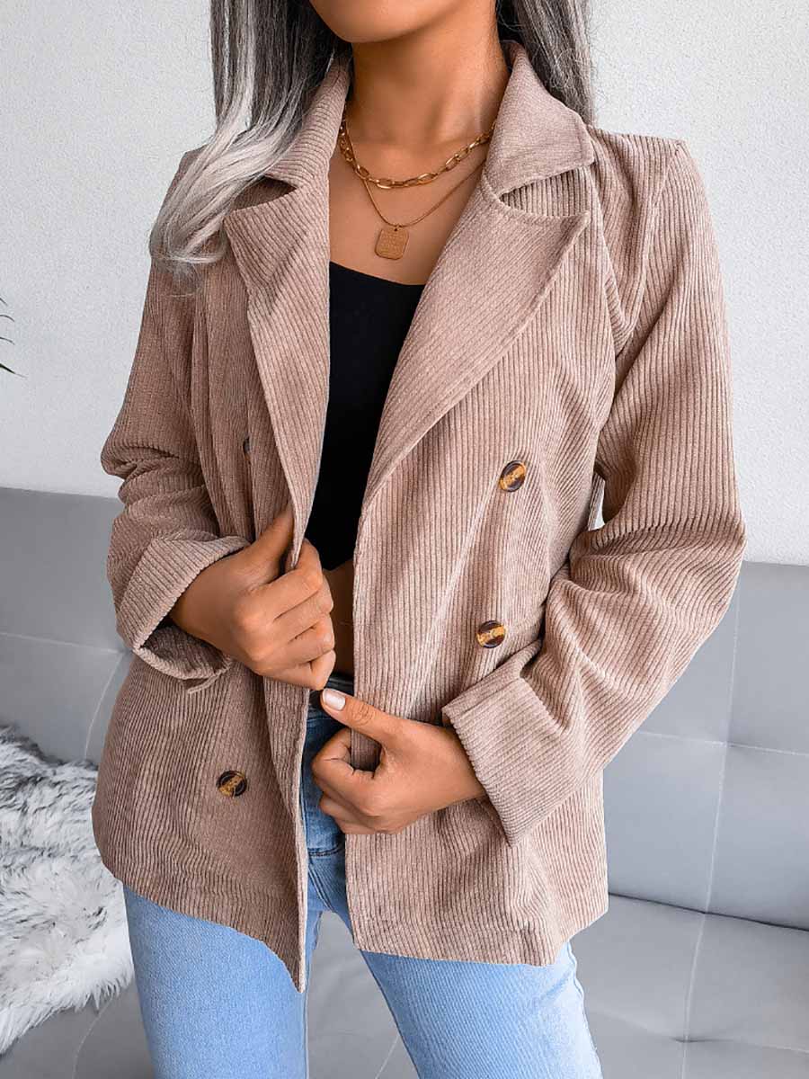 Veleaee Solid Color Corduroy Fashion Double-Breasted Jacket