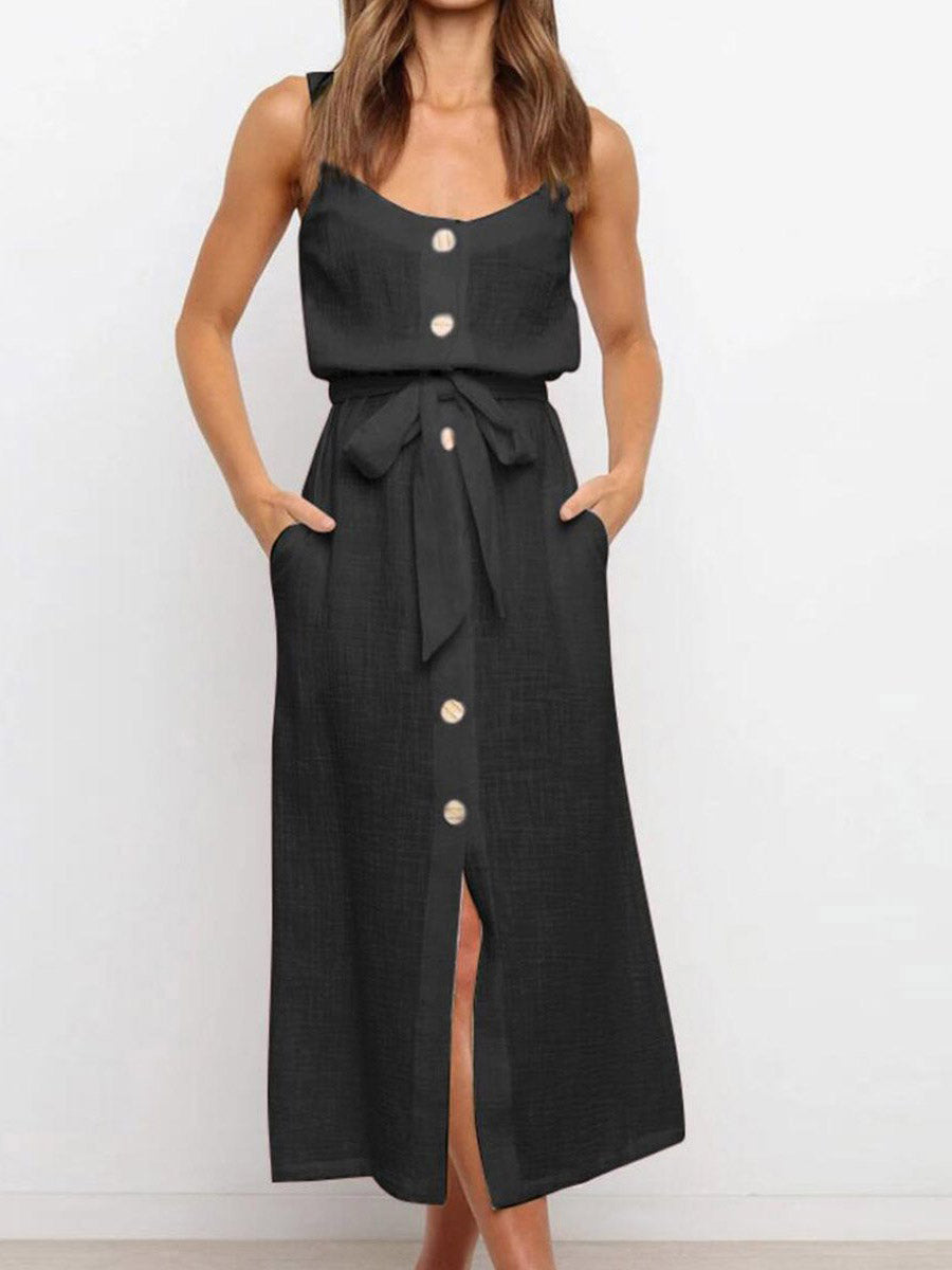 Veleaee Button Slit Belt Dress