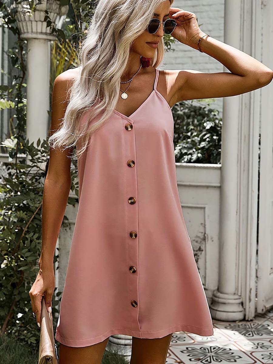 Veleaee V-Neck Single-Breasted Sleeveless Dress(7 colors)