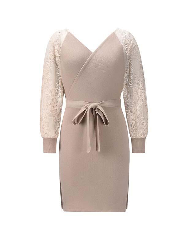 Veleaee Lace V-Neck Knitted Dress