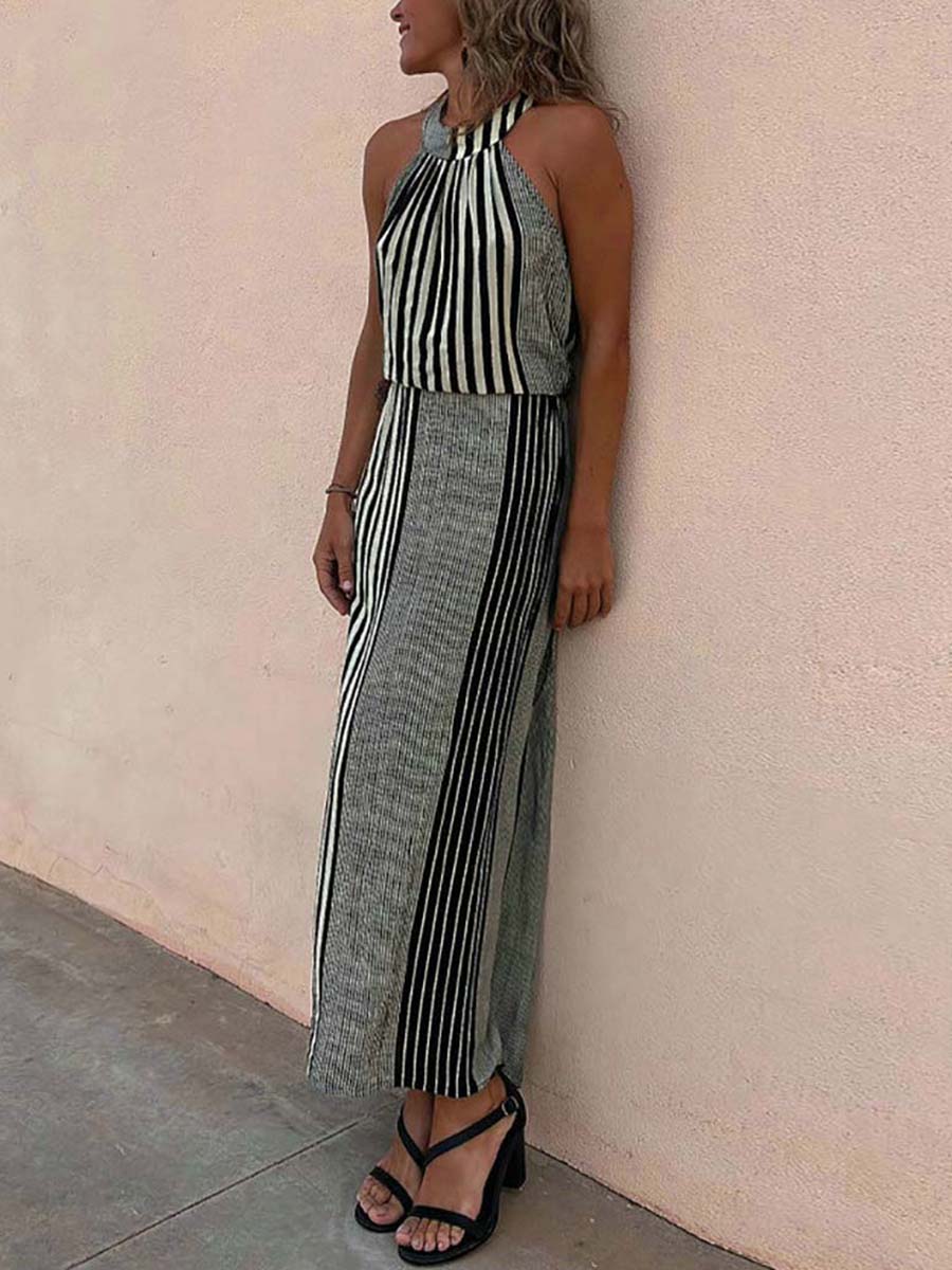 Veleaee Sleeveless Round Neck Striped Dress