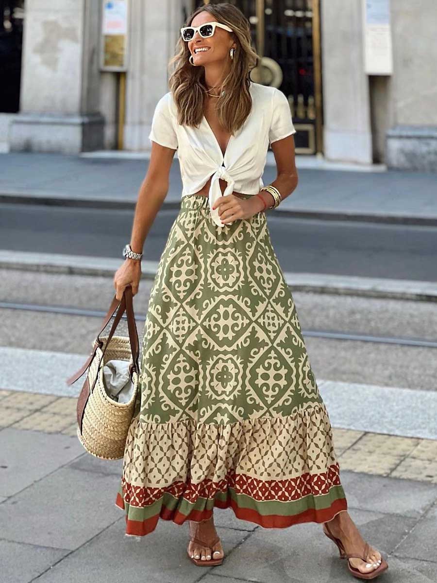 Veleaee Printed Loose Patchwork Hem Dress