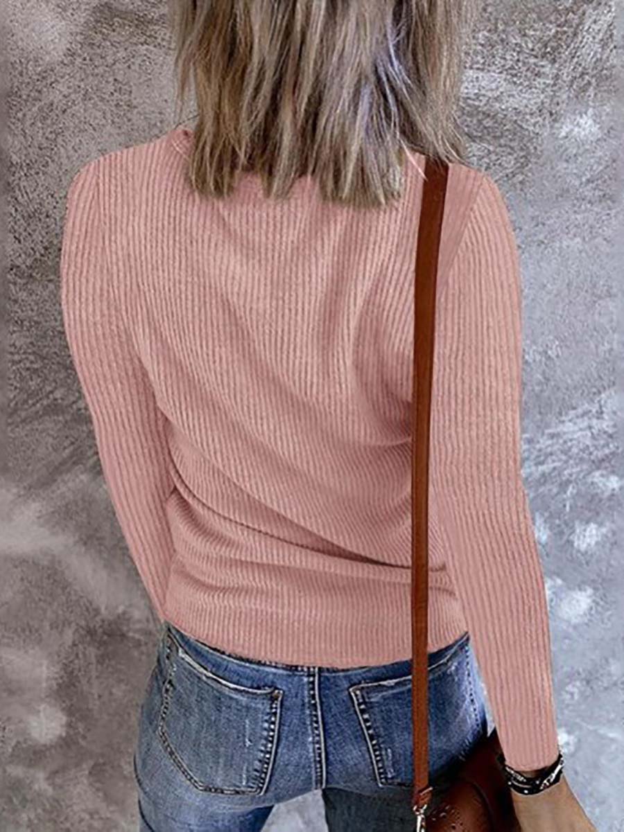 Veleaee Solid Color V-Neck Long-Sleeved T-Shirt