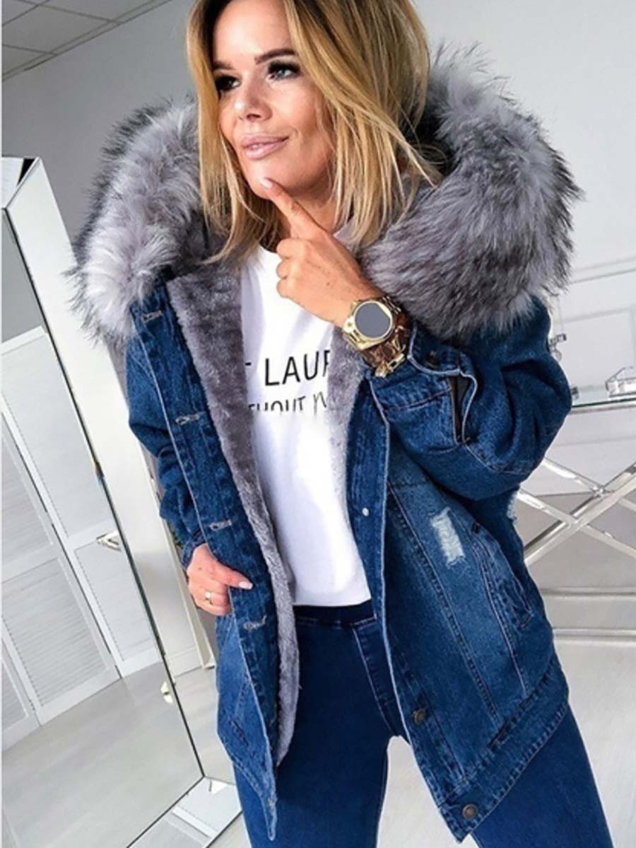 Veleaee Padded Warm Hole Large Fur Collar Denim Jacket(4 colors)