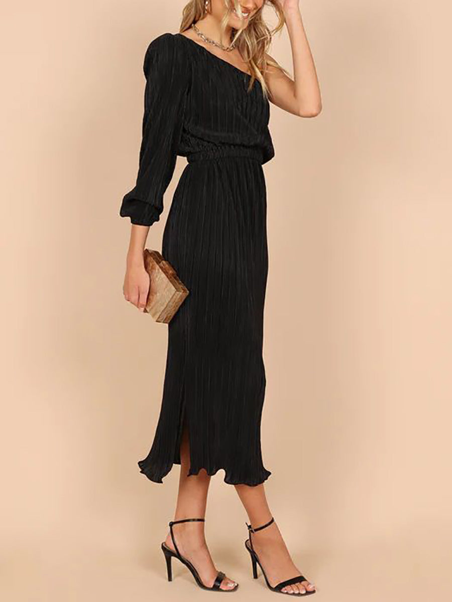 Veleaee One-Shoulder Slash Neck Solid Color Party Dress(3 Colors)