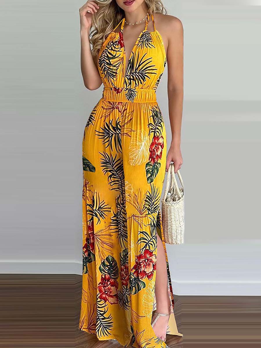 Veleaee Printed Hanging Neck Sexy Backless Split Jumpsuit