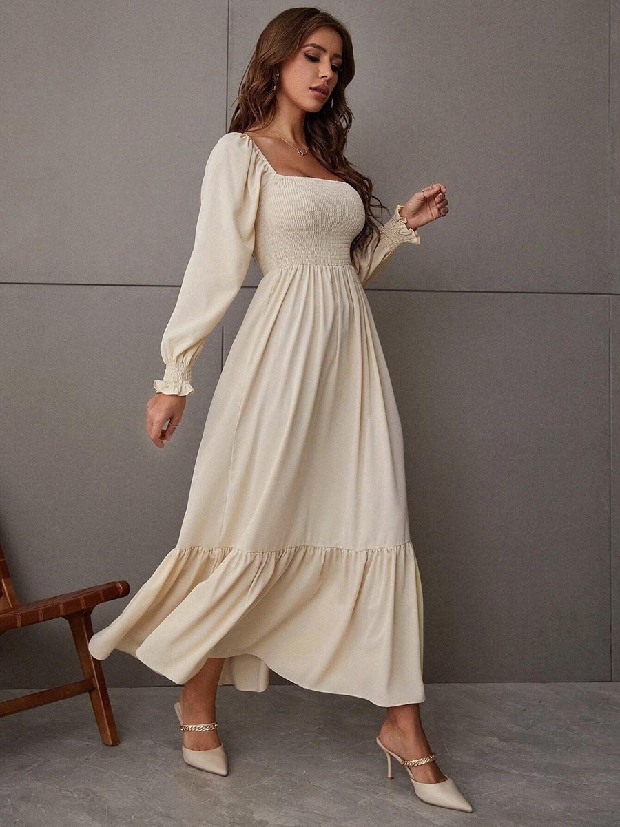 Veleaee Square Neck Long Sleeve Ruffle High Waist Dress (5 colors)