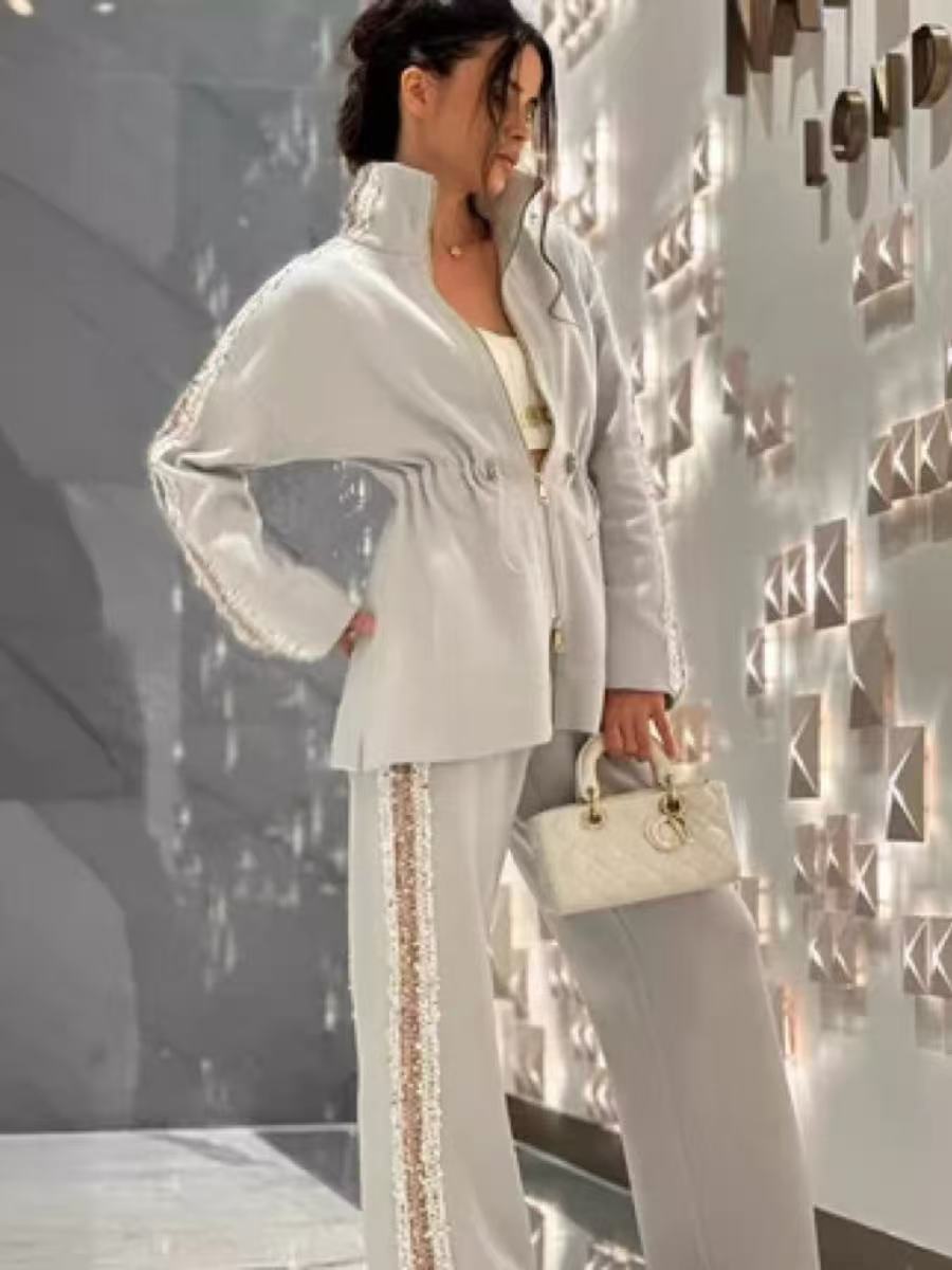 Veleaee Elegant Sequin-Trimmed Top and Wide-Leg Pants 2-Piece Set