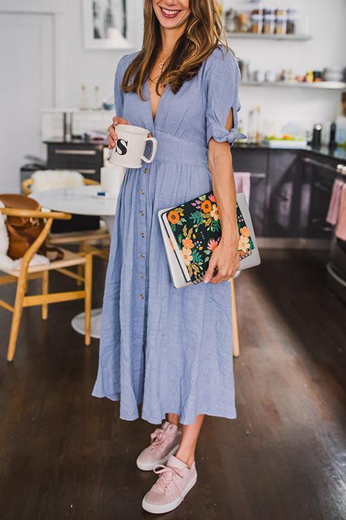 Veleaee Button Knot Sleeve Dress