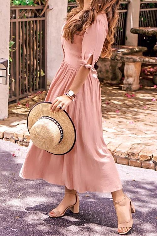 Veleaee Button Knot Sleeve Dress