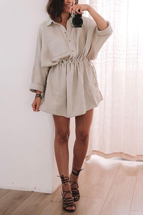 Veleaee Button Pockets Drawstring Waist Dress