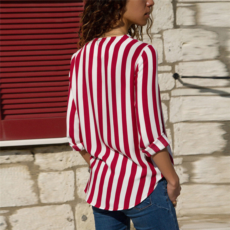Veleaee V-Neck Striped Long-Sleeved Shirt