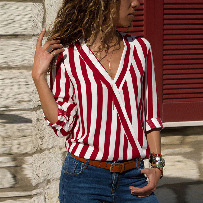 Veleaee V-Neck Striped Long-Sleeved Shirt