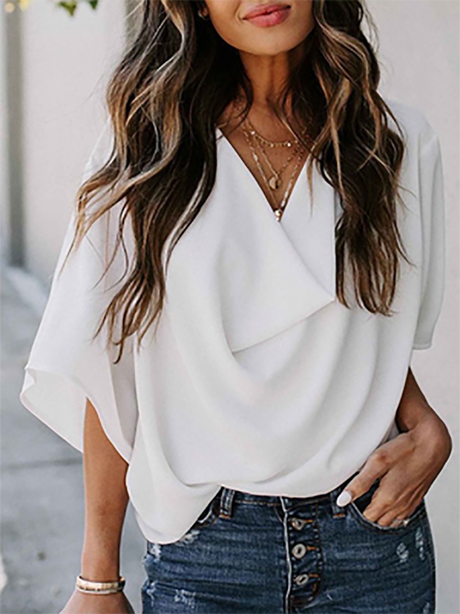 Veleaee V-Neck Loose Mid-Sleeve T-Shirt(7 colors)