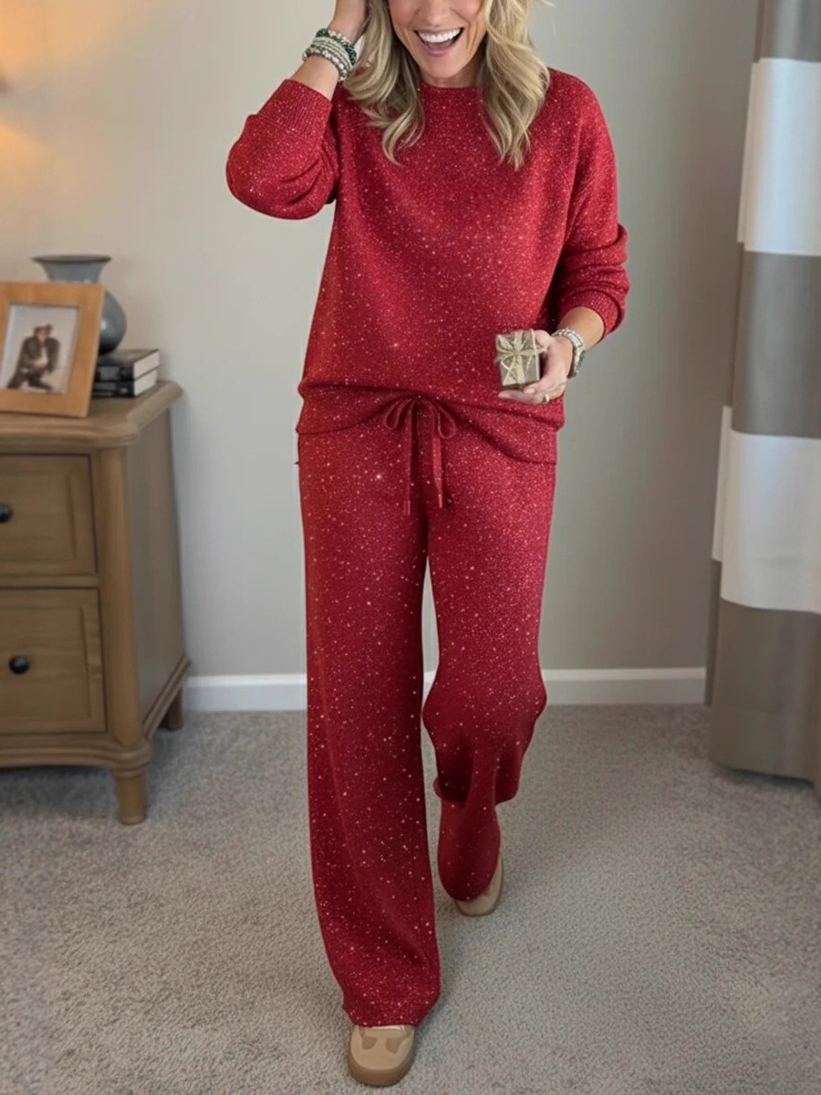 Veleaee 🎄 New Arrivals🔥 Cozy Travel Crew Neck Shiny Sweatshirt and Pant 2 Piece Sets