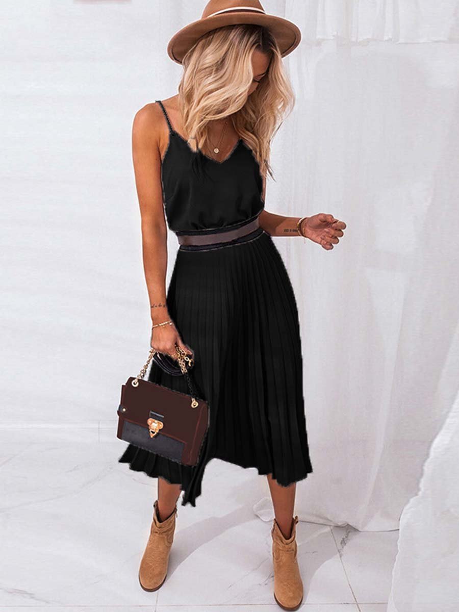 Veleaee Sexy V-Neck Pleated Dress