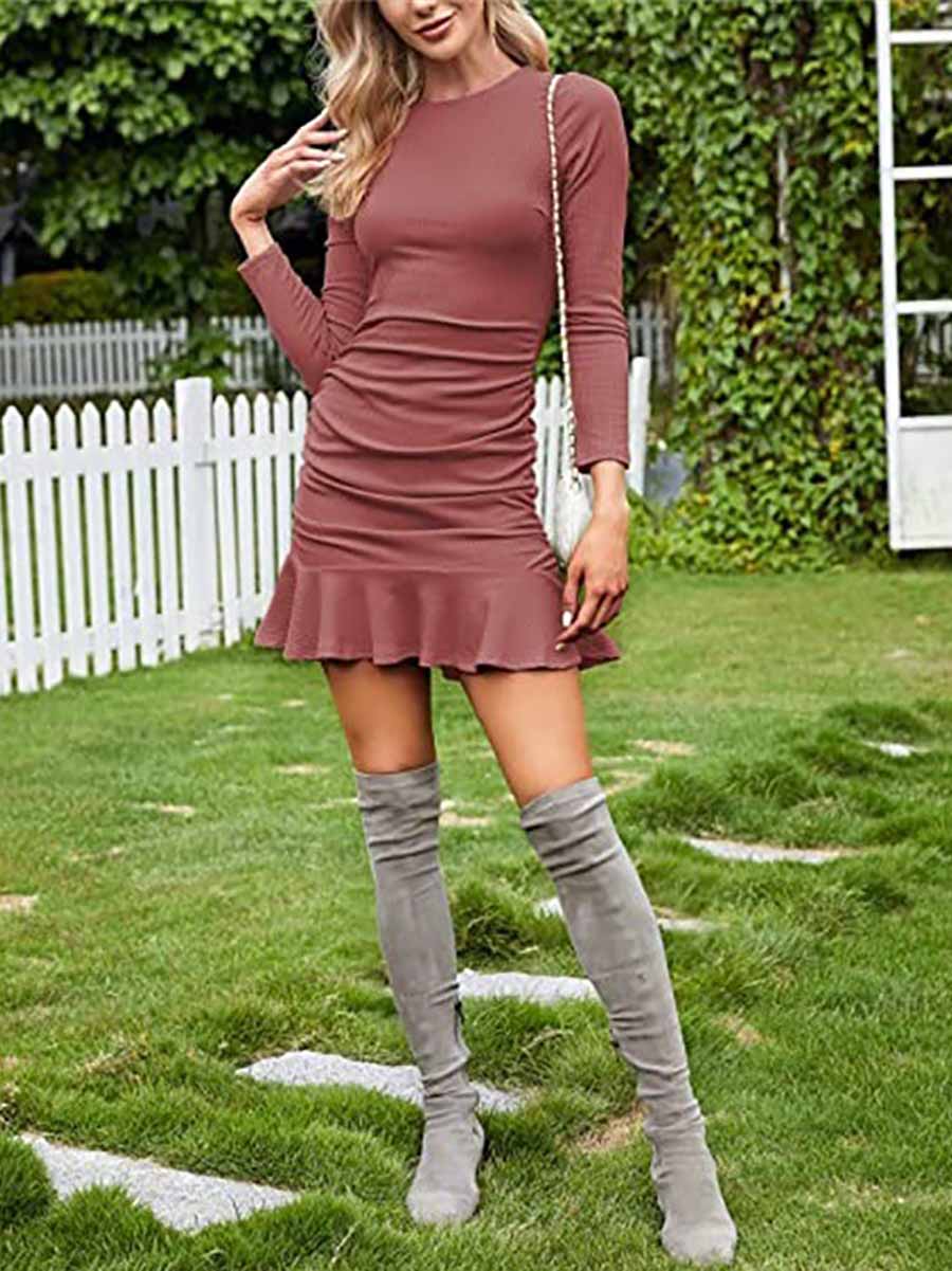 Veleaee Sexy Pleated Tight Knit Long Sleeve Dress(8 colors)