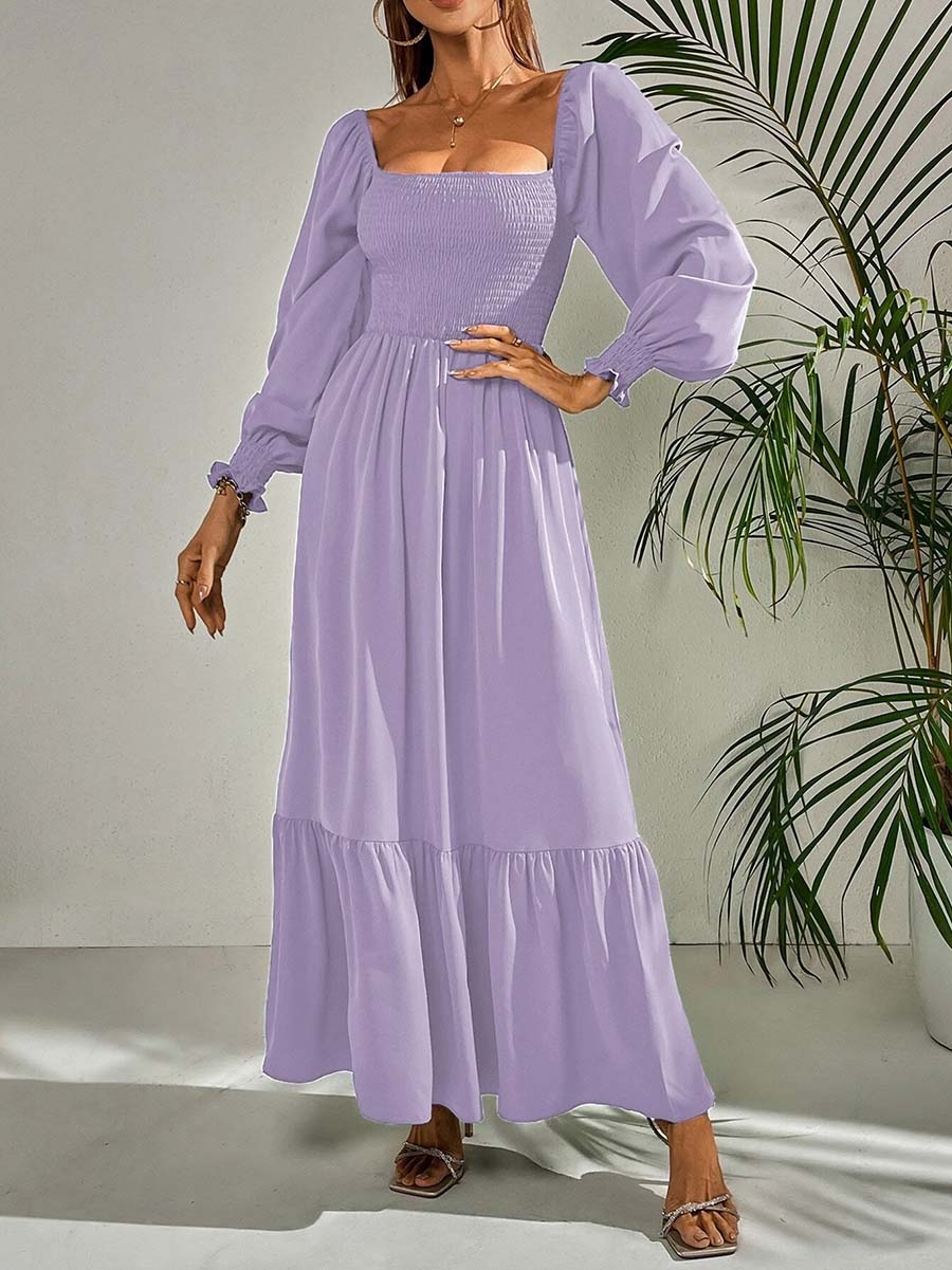 Veleaee Square Neck Long Sleeve Ruffle High Waist Dress (5 colors)