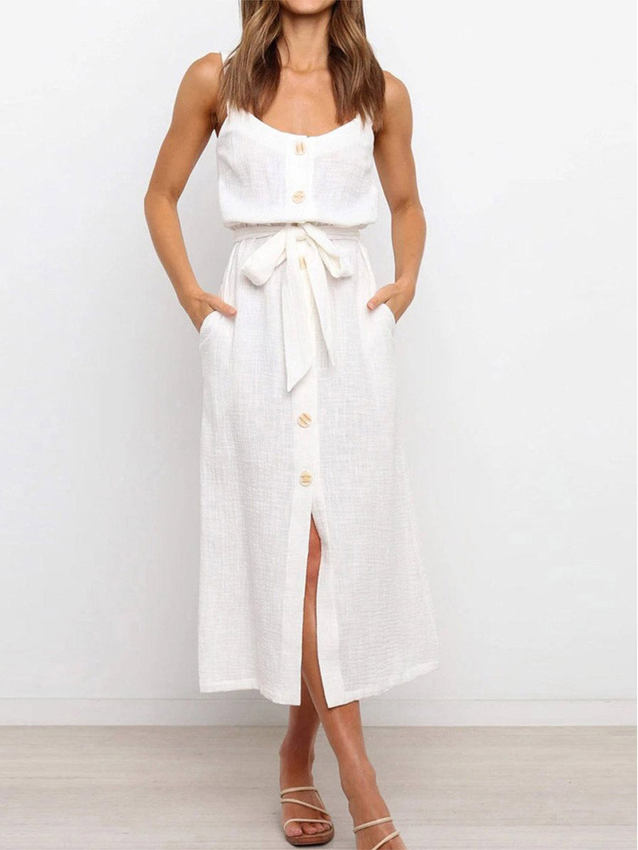 Veleaee Button Slit Belt Dress