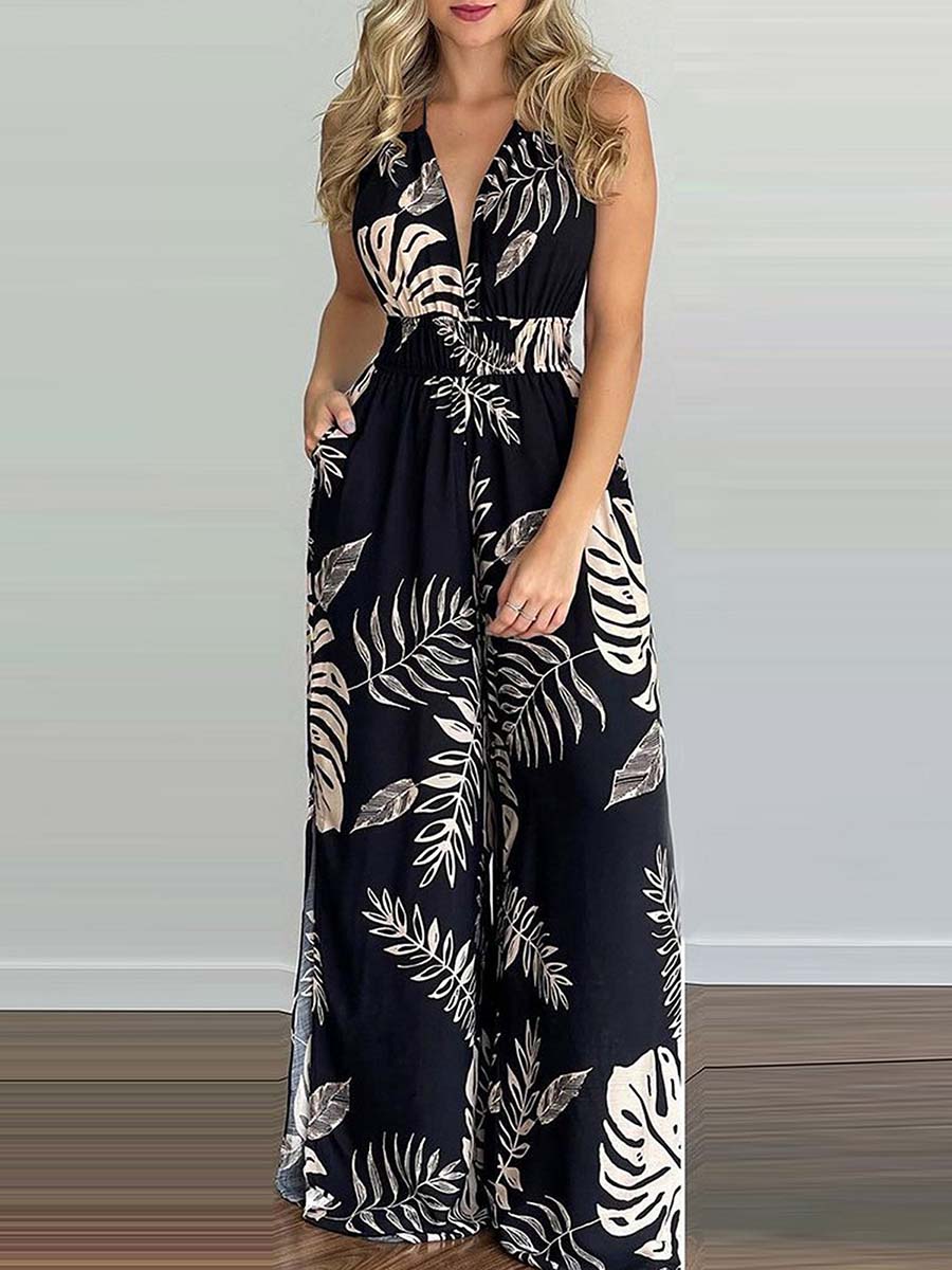 Veleaee Printed Hanging Neck Sexy Backless Split Jumpsuit