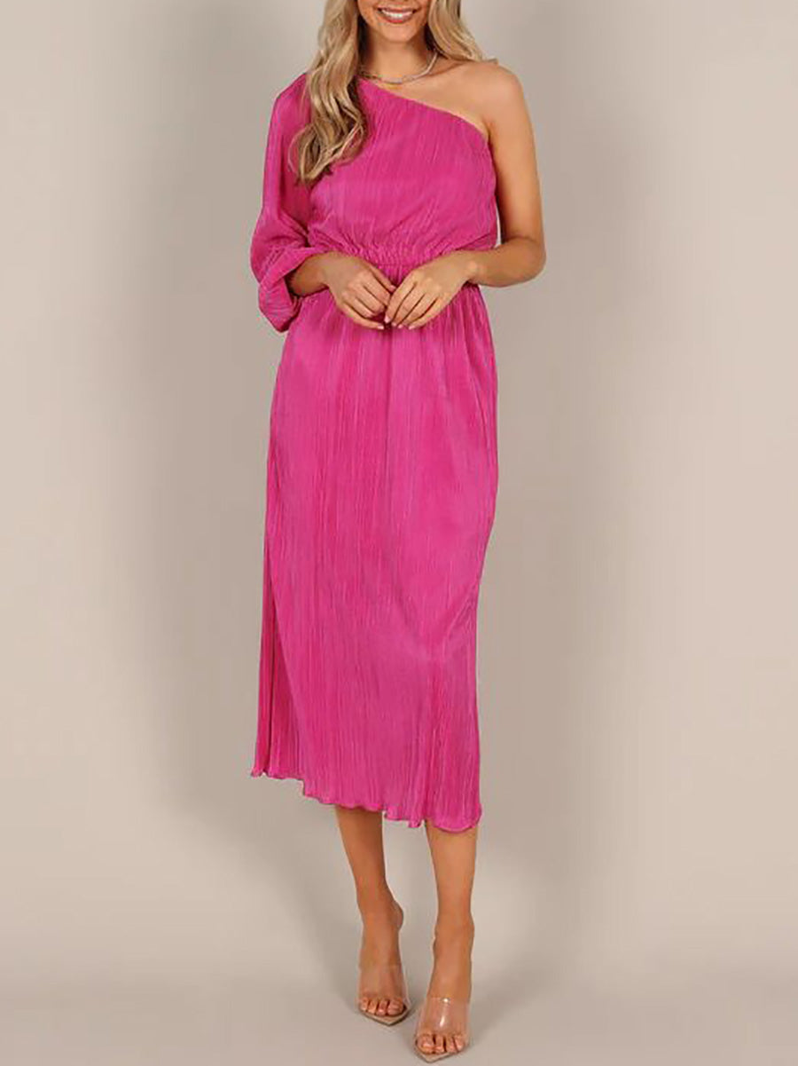 Veleaee One-Shoulder Slash Neck Solid Color Party Dress(3 Colors)