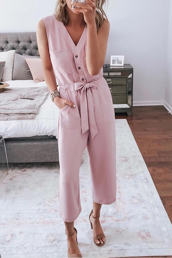 Veleaee Buttoned Sleeveless Cropped Jumpsuit With Sash
