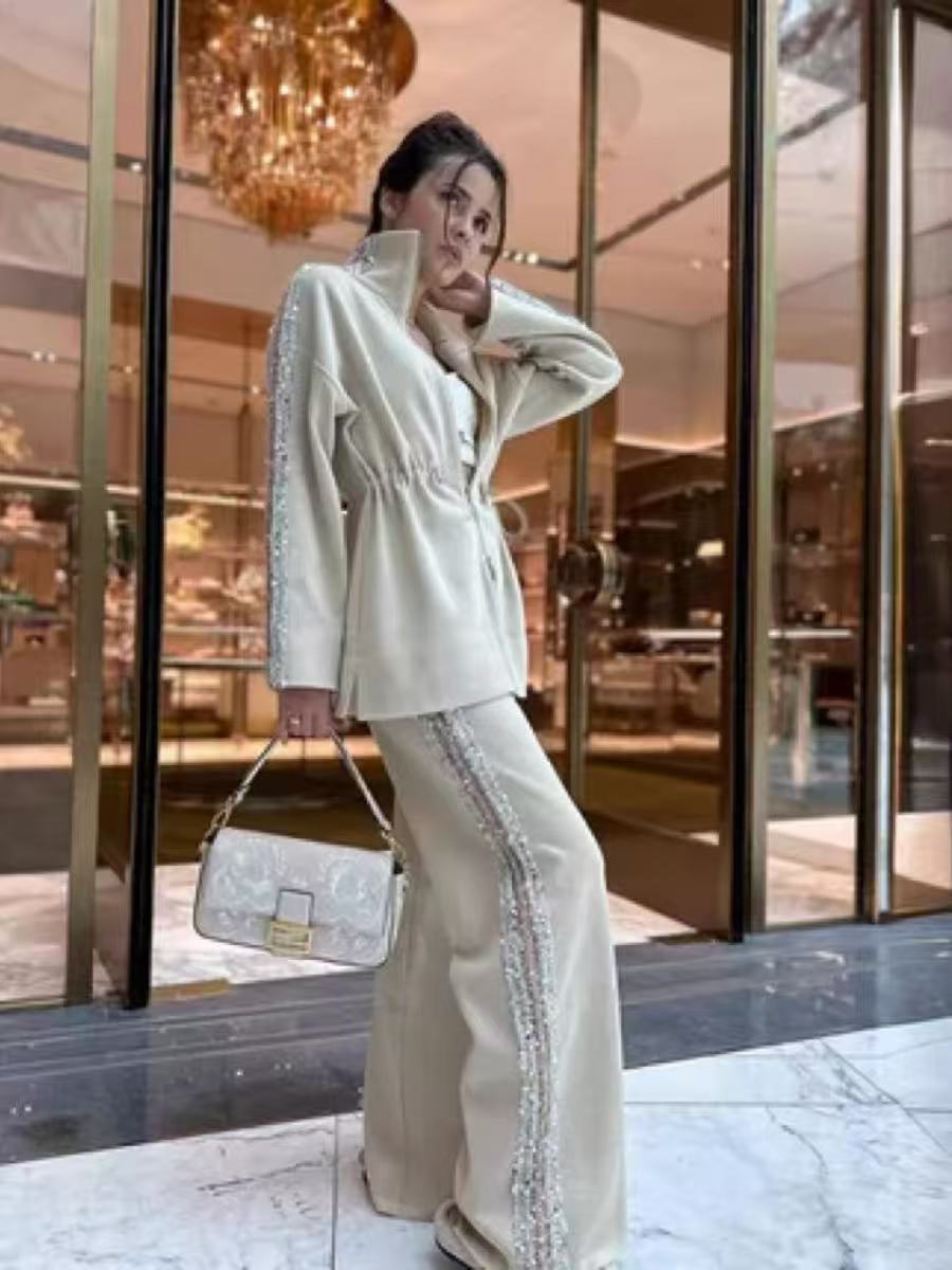 Veleaee Elegant Sequin-Trimmed Top and Wide-Leg Pants 2-Piece Set