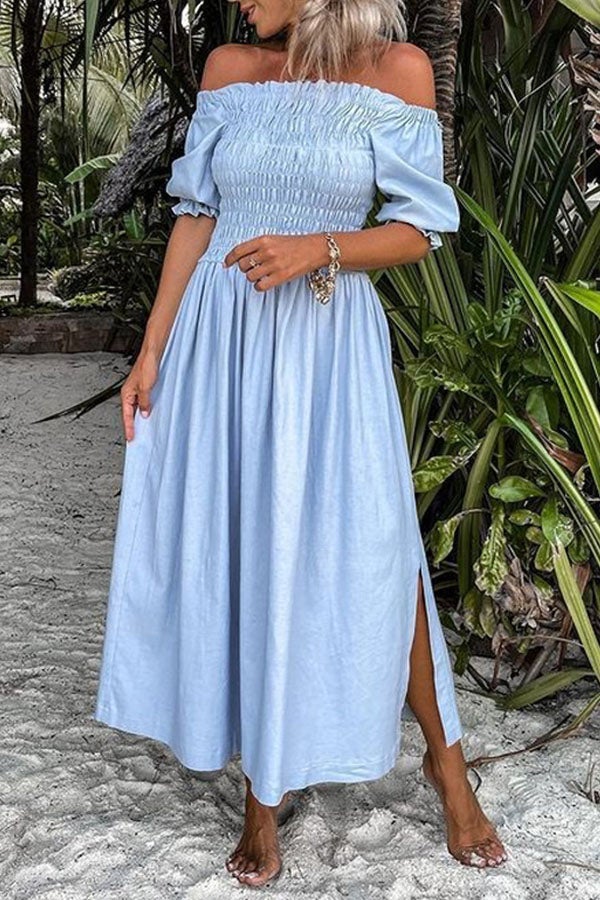 Veleaee Forever After All Smocked Off Shoulder Slit Dress