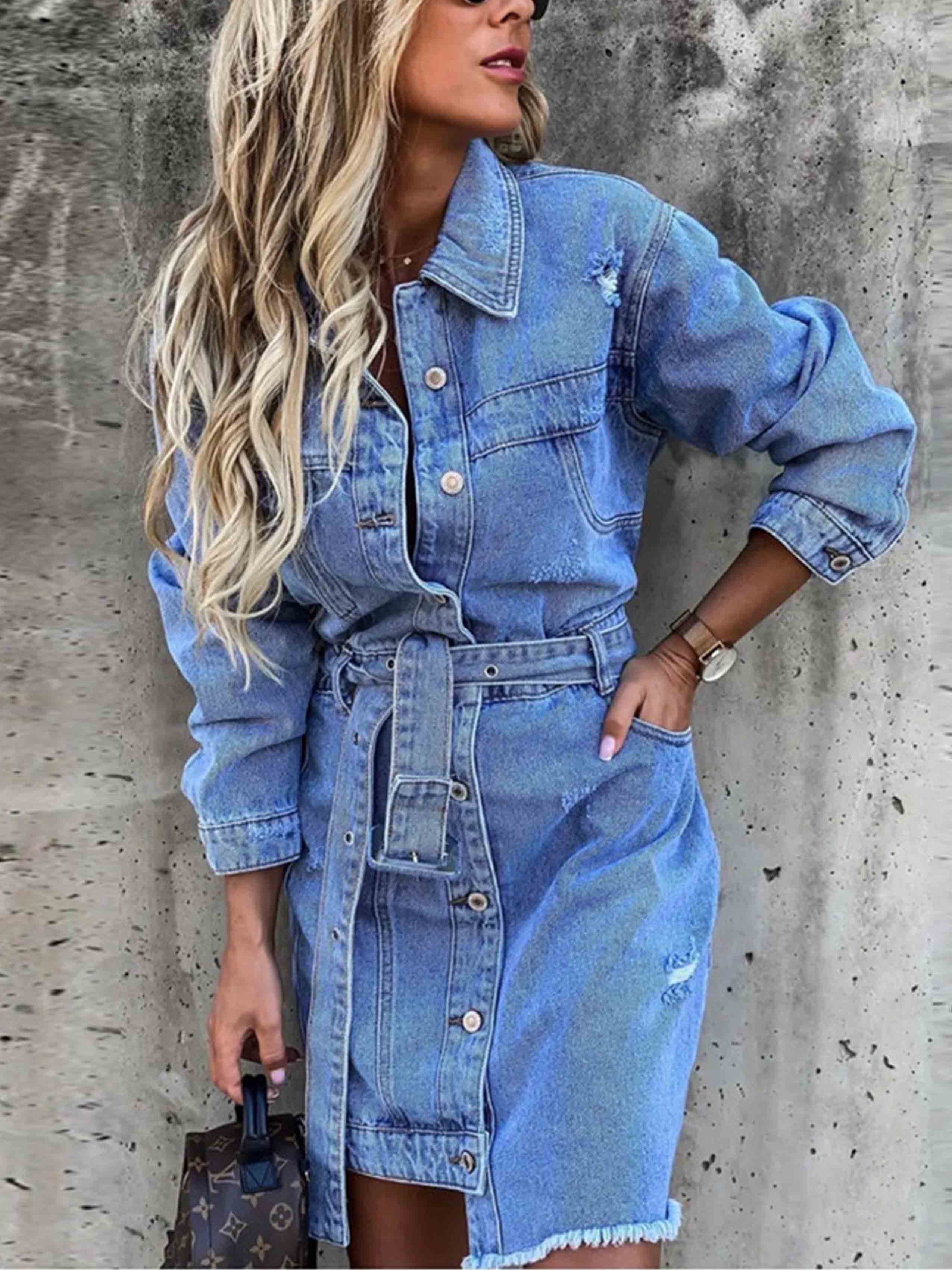 Veleaee Sexy Denim Dress With Belt