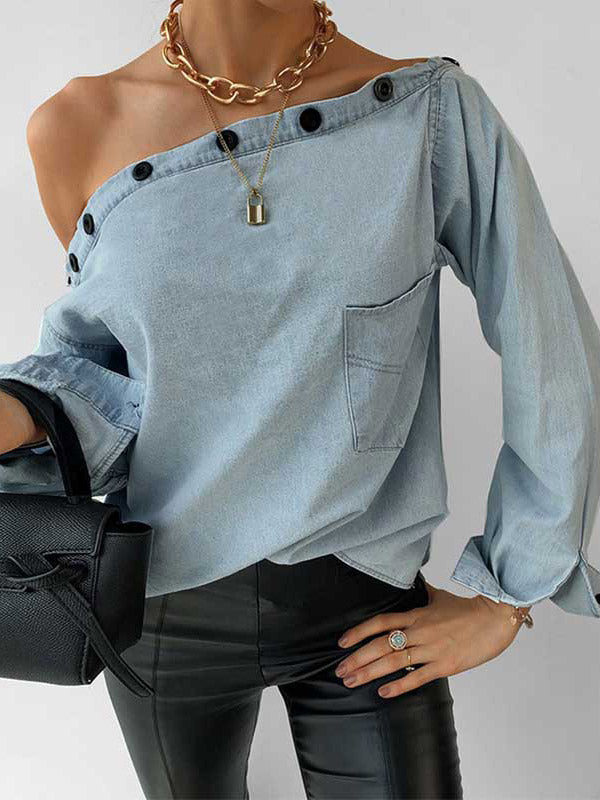 Veleaee Off-Shoulder Button Denim Shirt