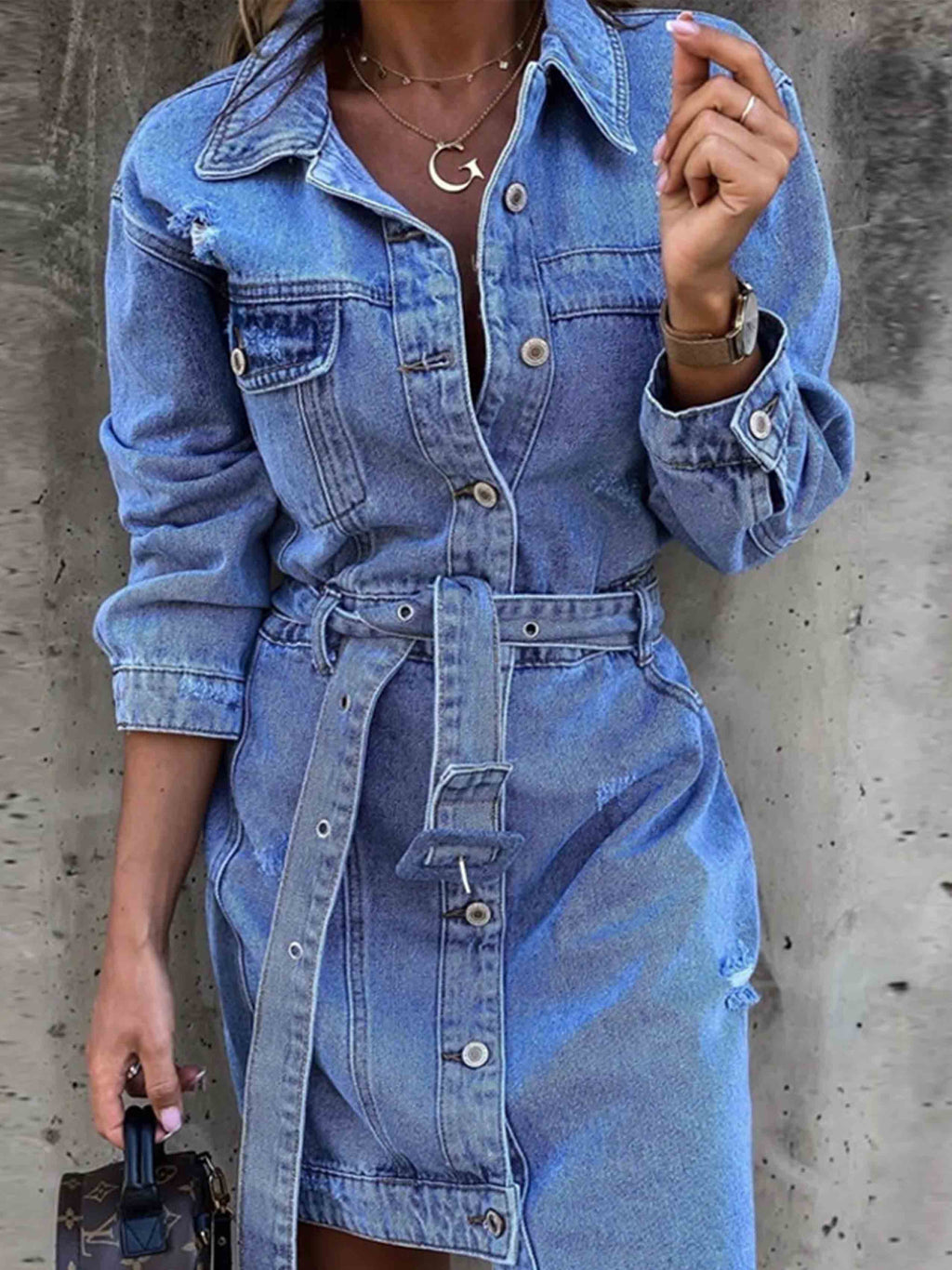 Veleaee Sexy Denim Dress With Belt