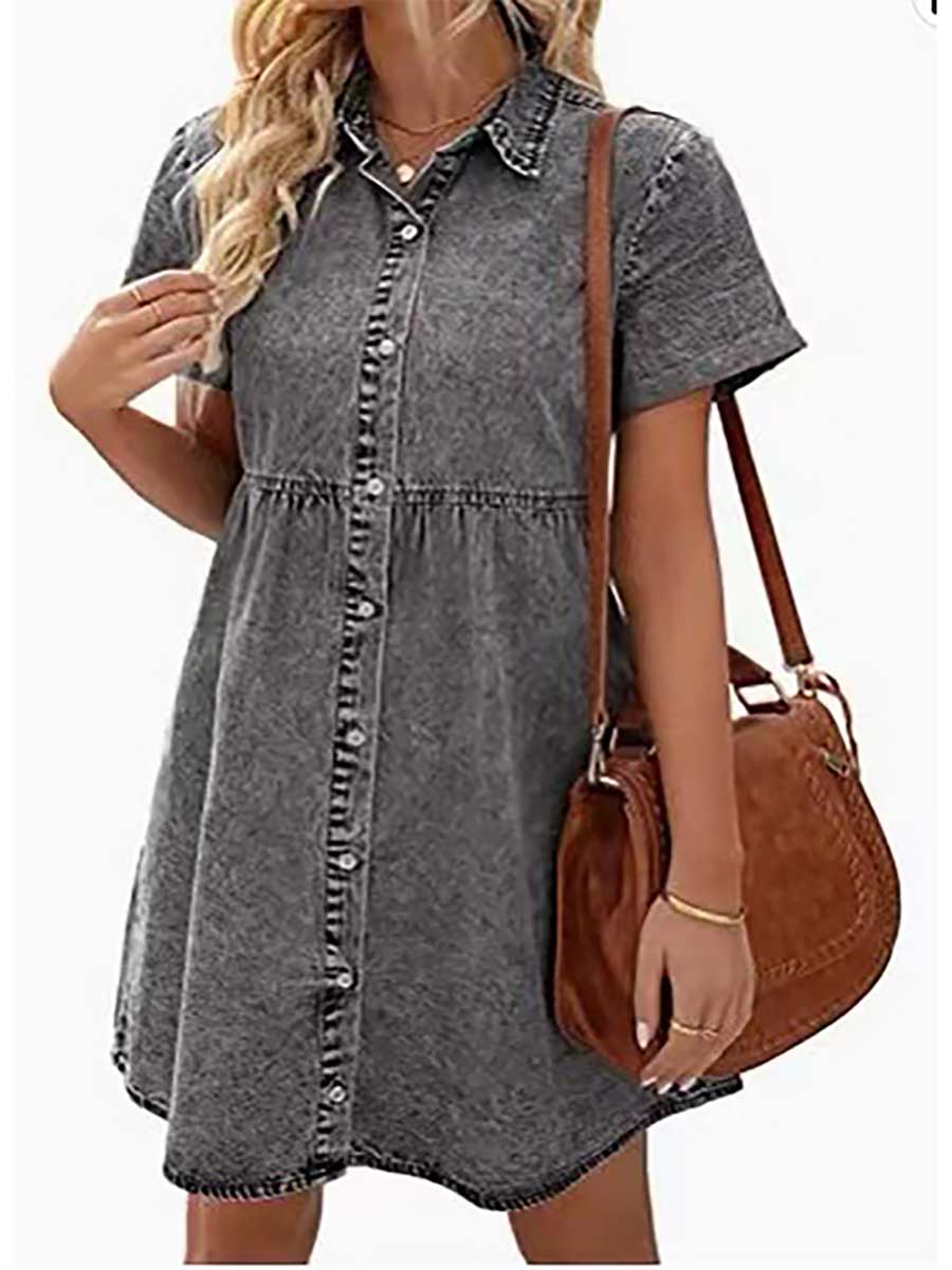 Veleaee Washed Denim Lapel Loose Sweetheart Ruffle Dress