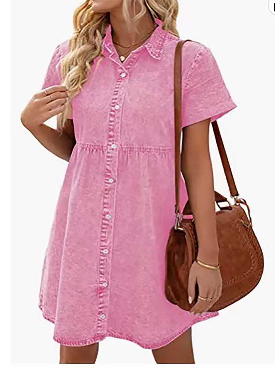 Veleaee Washed Denim Lapel Loose Sweetheart Ruffle Dress