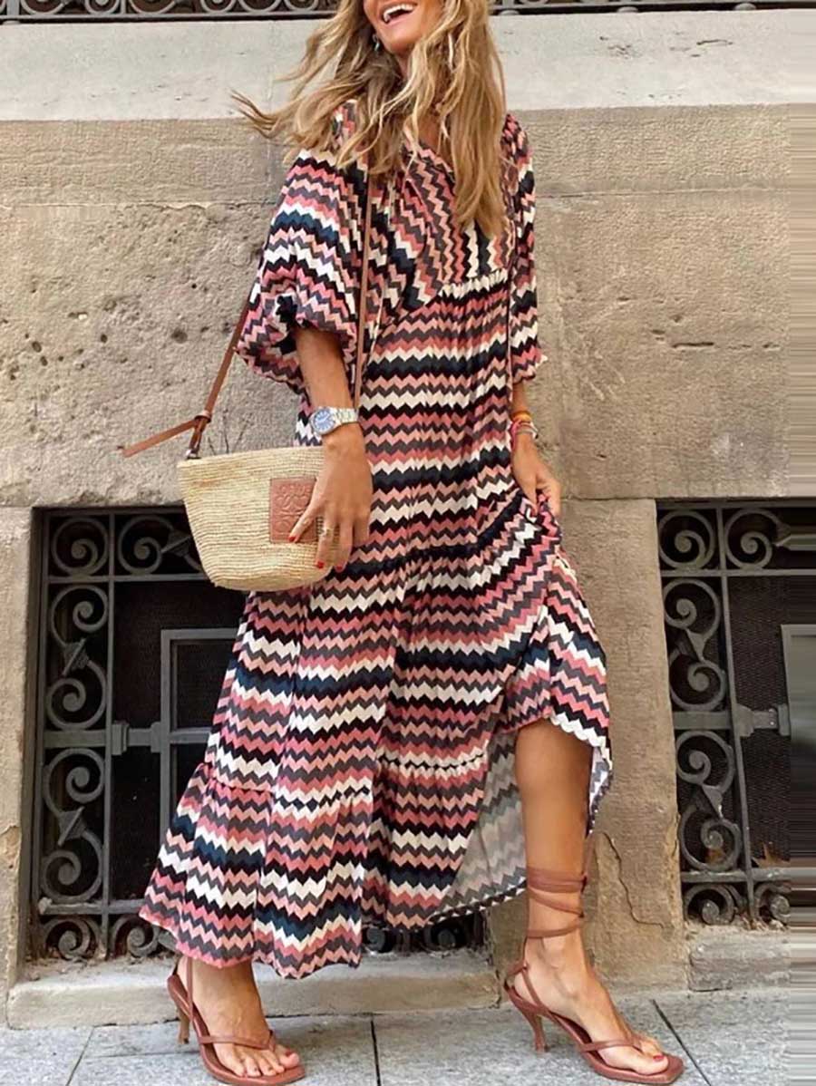 Veleaee Printed Bubble Sleeve Dress