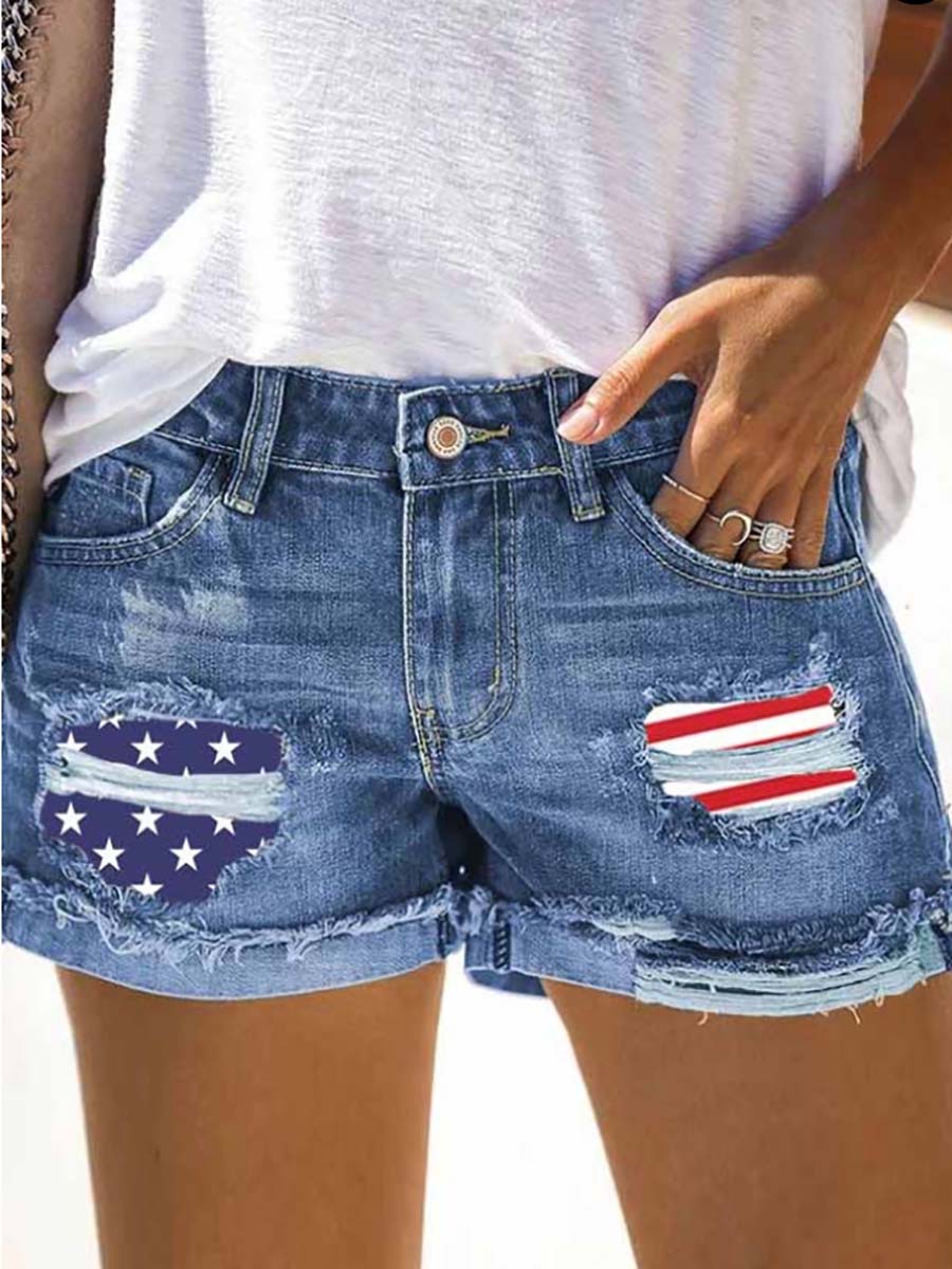 Veleaee National Flag Torn Denim Shorts