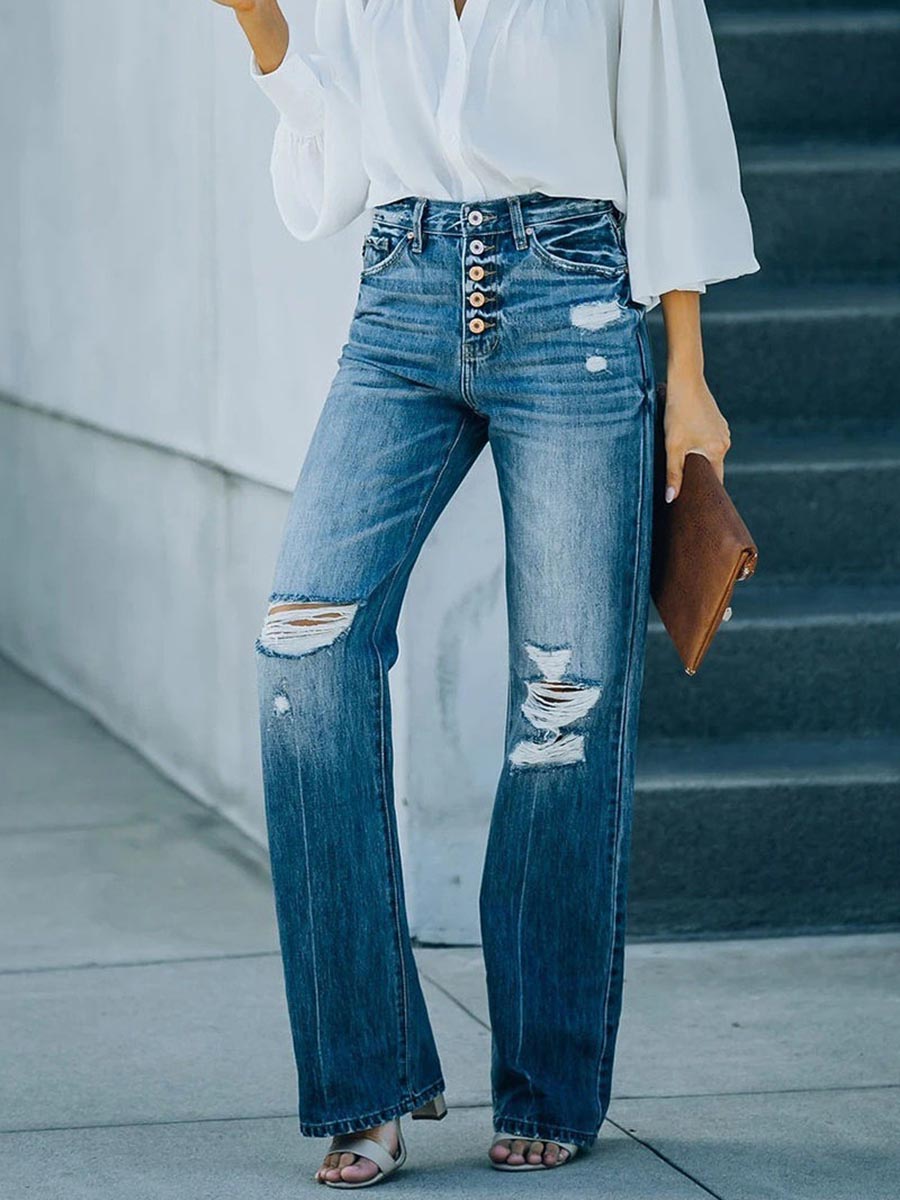Veleaee Casual Street Solid Ripped Buckle High Waist Straight Denim Jeans