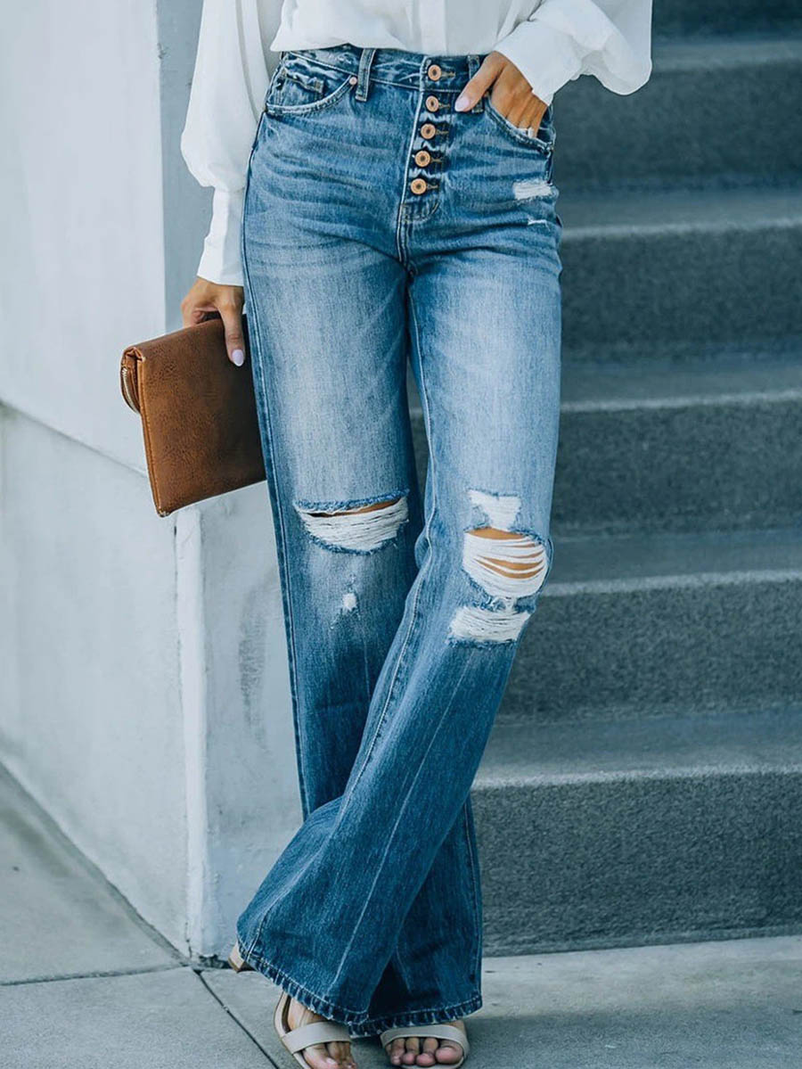 Veleaee Casual Street Solid Ripped Buckle High Waist Straight Denim Jeans