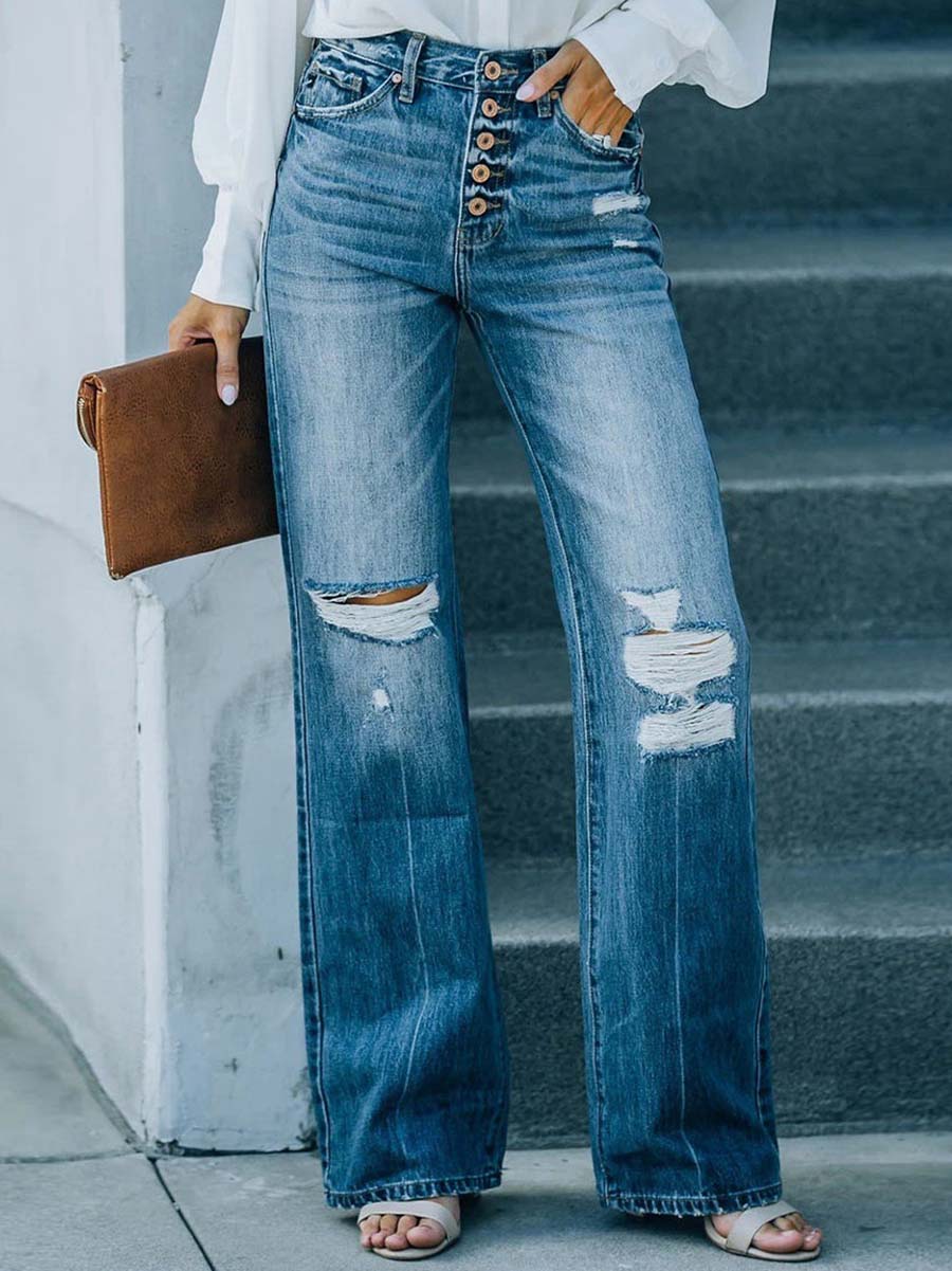 Veleaee Casual Street Solid Ripped Buckle High Waist Straight Denim Jeans