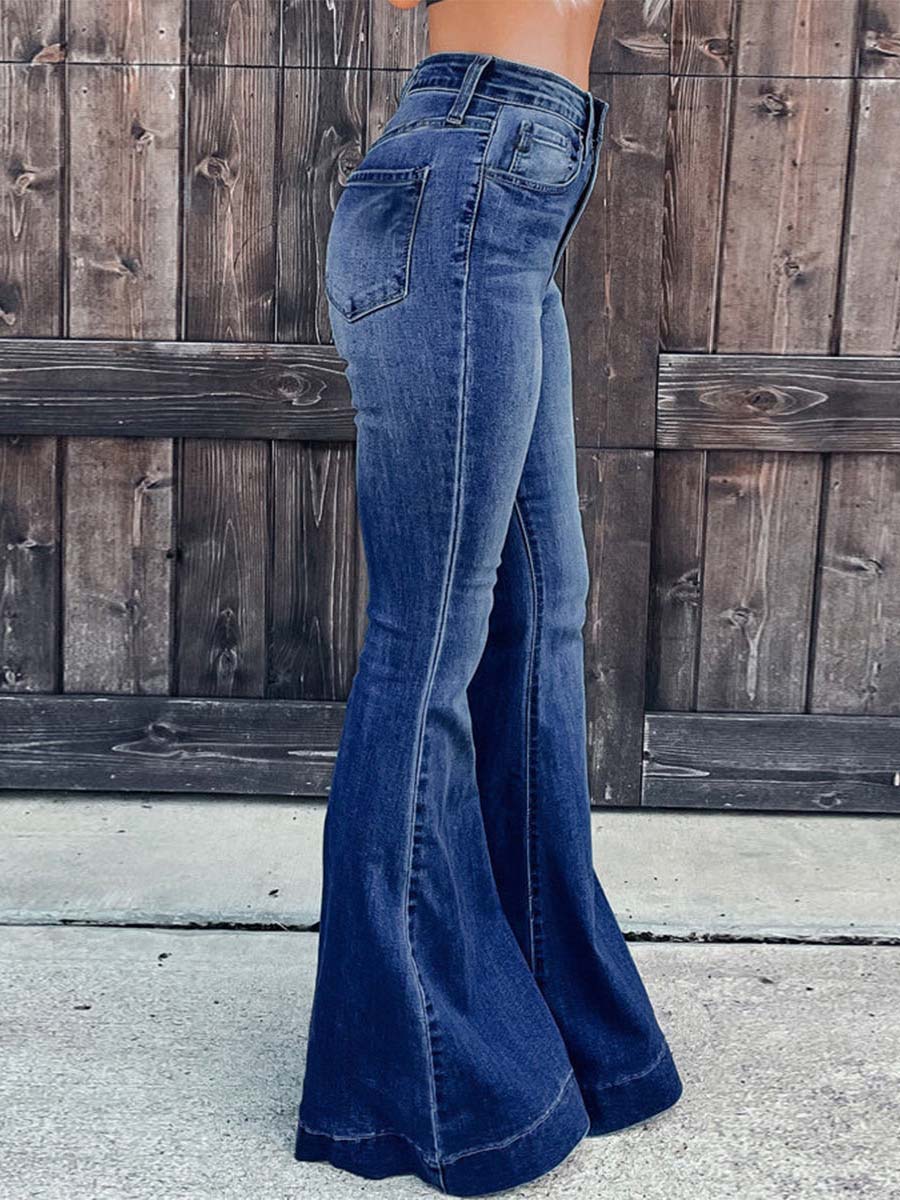 Veleaee Street Solid Patchwork High Waist Boot Cut Denim Jeans