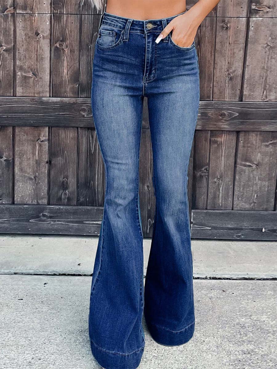 Veleaee Street Solid Patchwork High Waist Boot Cut Denim Jeans