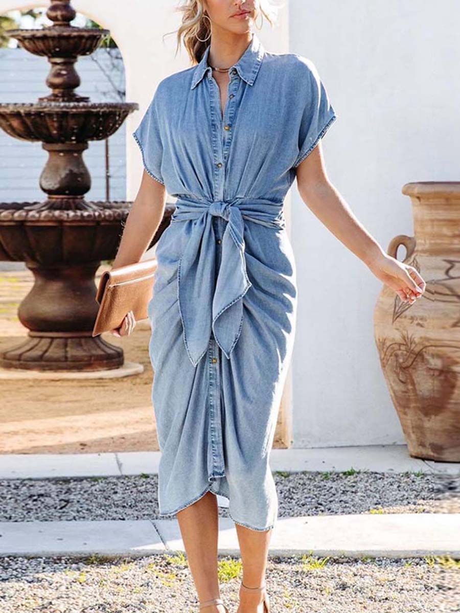 Veleaee Shirt Collar Open Pleated Slim Washed Denim Dress