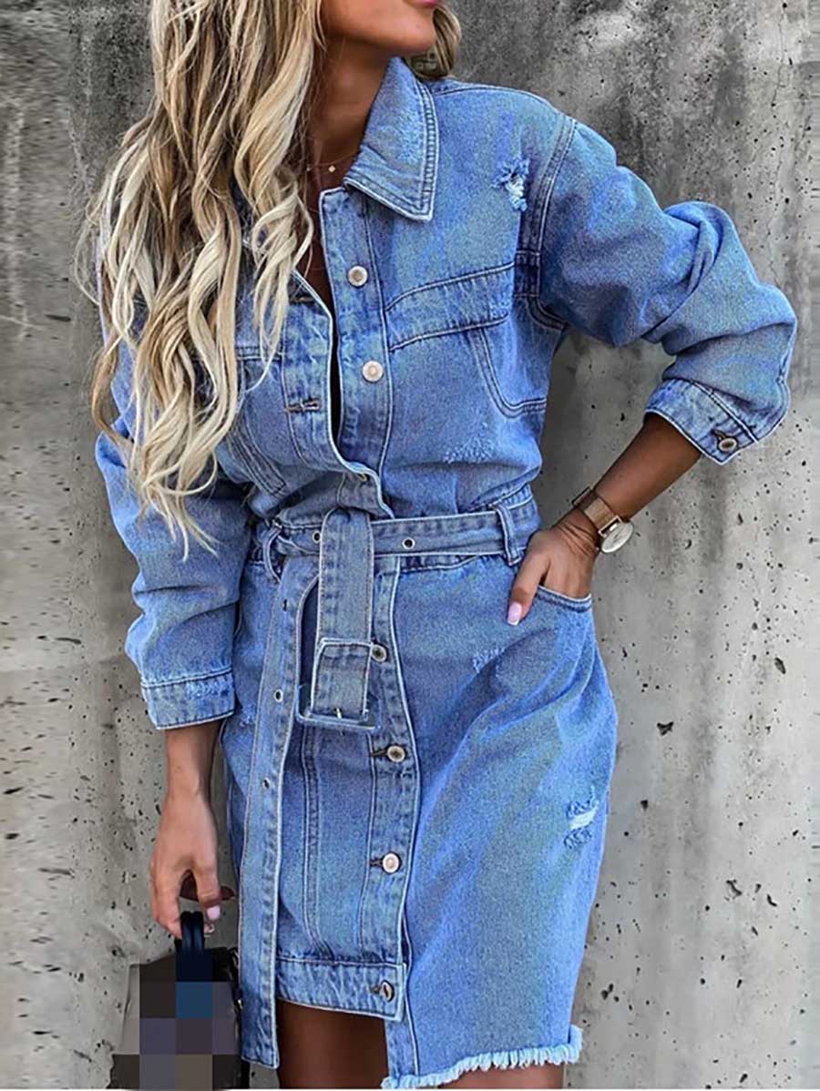 Veleaee Cowboy Lapel Long Sleeve Single Breasted Slim Fit Dress