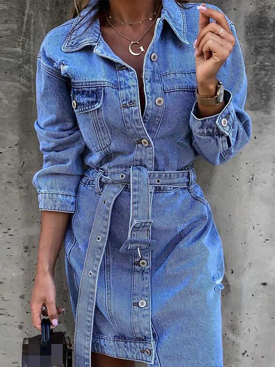 Veleaee Cowboy Lapel Long Sleeve Single Breasted Slim Fit Dress