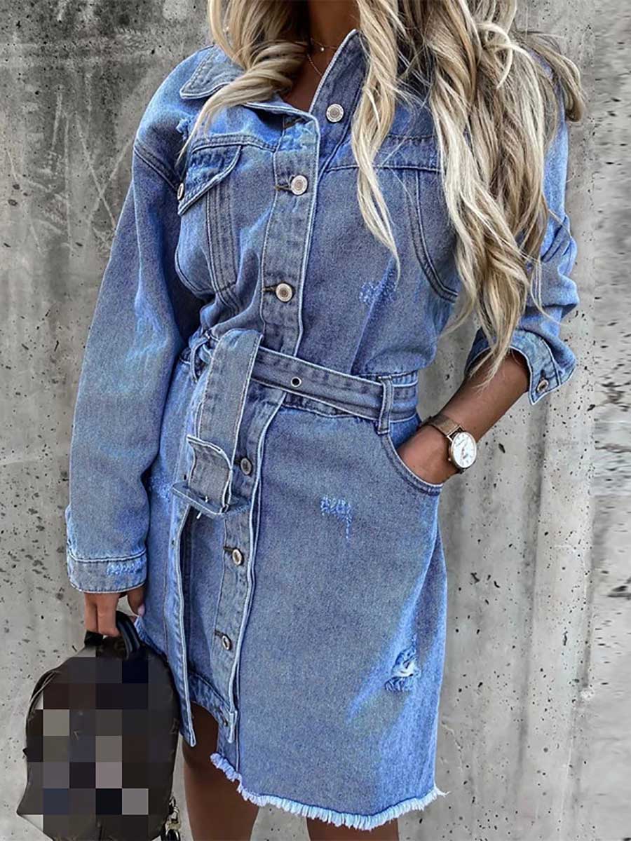 Veleaee Cowboy Lapel Long Sleeve Single Breasted Slim Fit Dress