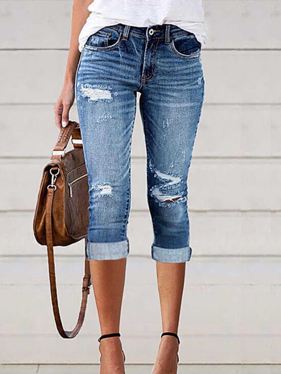 Veleaee Fashion Hole Stretch Denim Cropped Pants