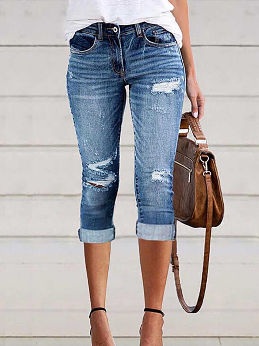 Veleaee Fashion Hole Stretch Denim Cropped Pants